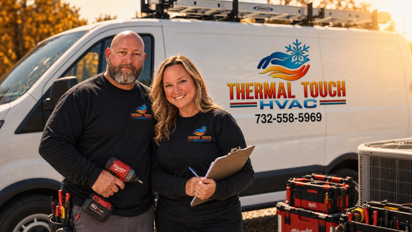 Joe and Cassandra Perry standing in front of their Thermal Touch HVAC service van, tools in hand