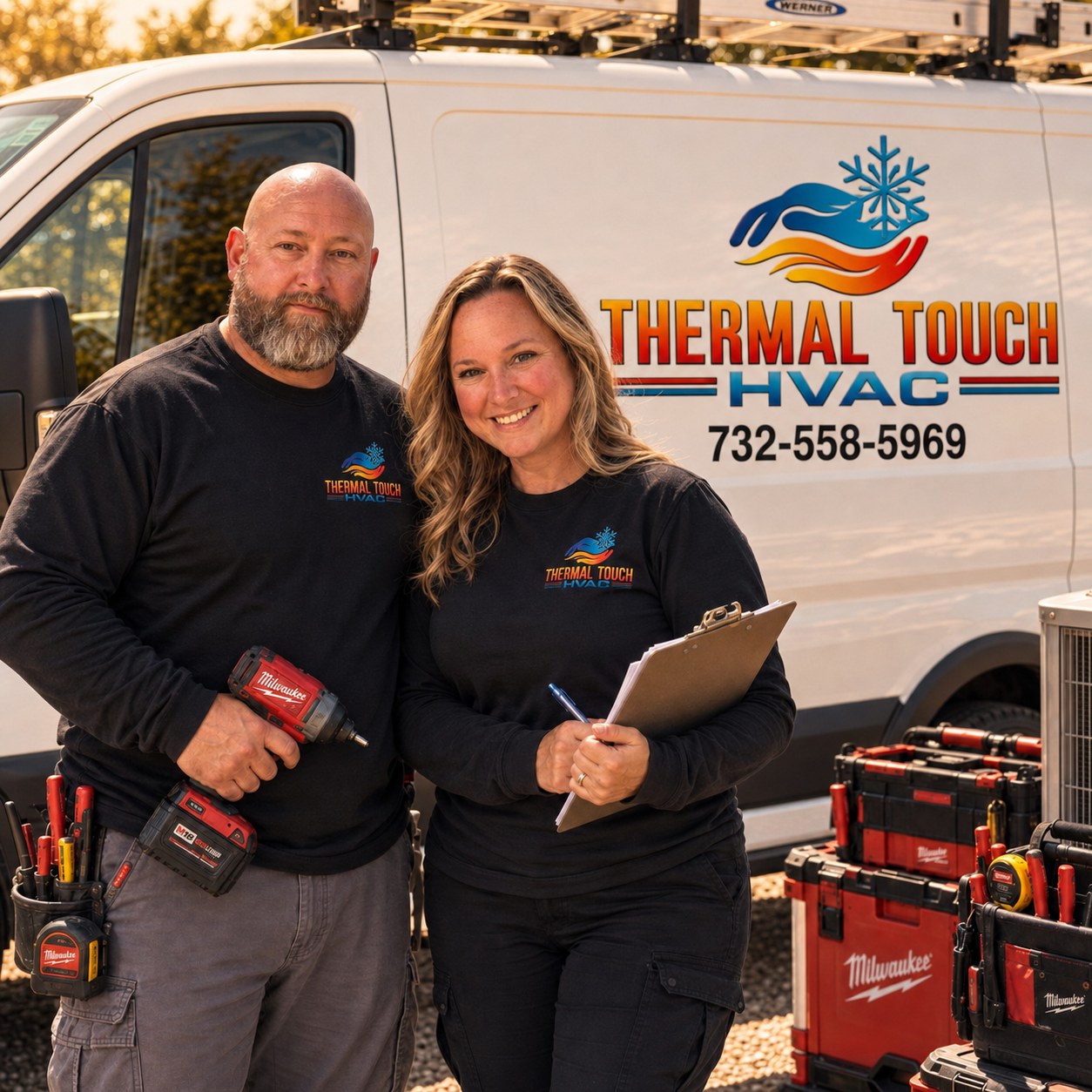 Joe and Cassandra Perry, owners of Thermal Touch HVAC, in uniform with tools in front of service van