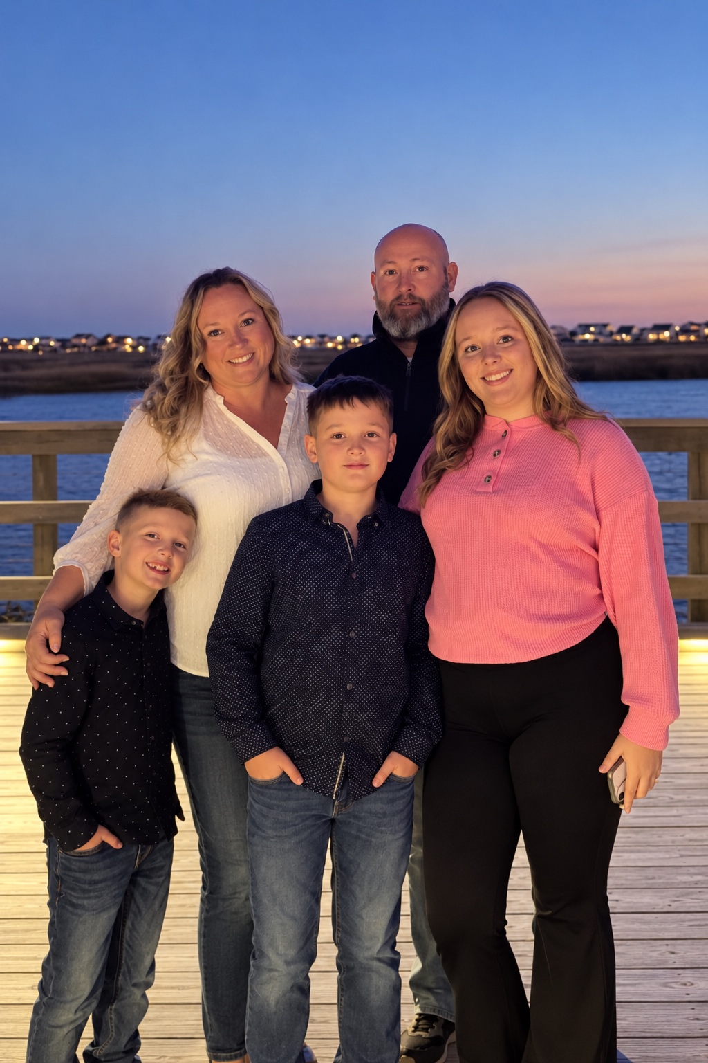 Joe and Cassandra Perry with their three children on a boardwalk at sunset over the water